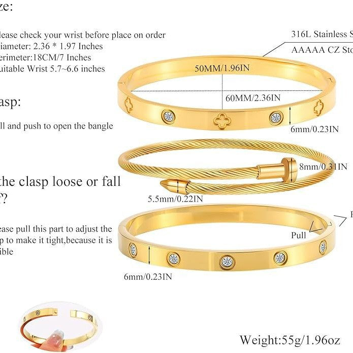 Set Titanium Steel Buckle Rhinestone Four-leaf Clover Bangle