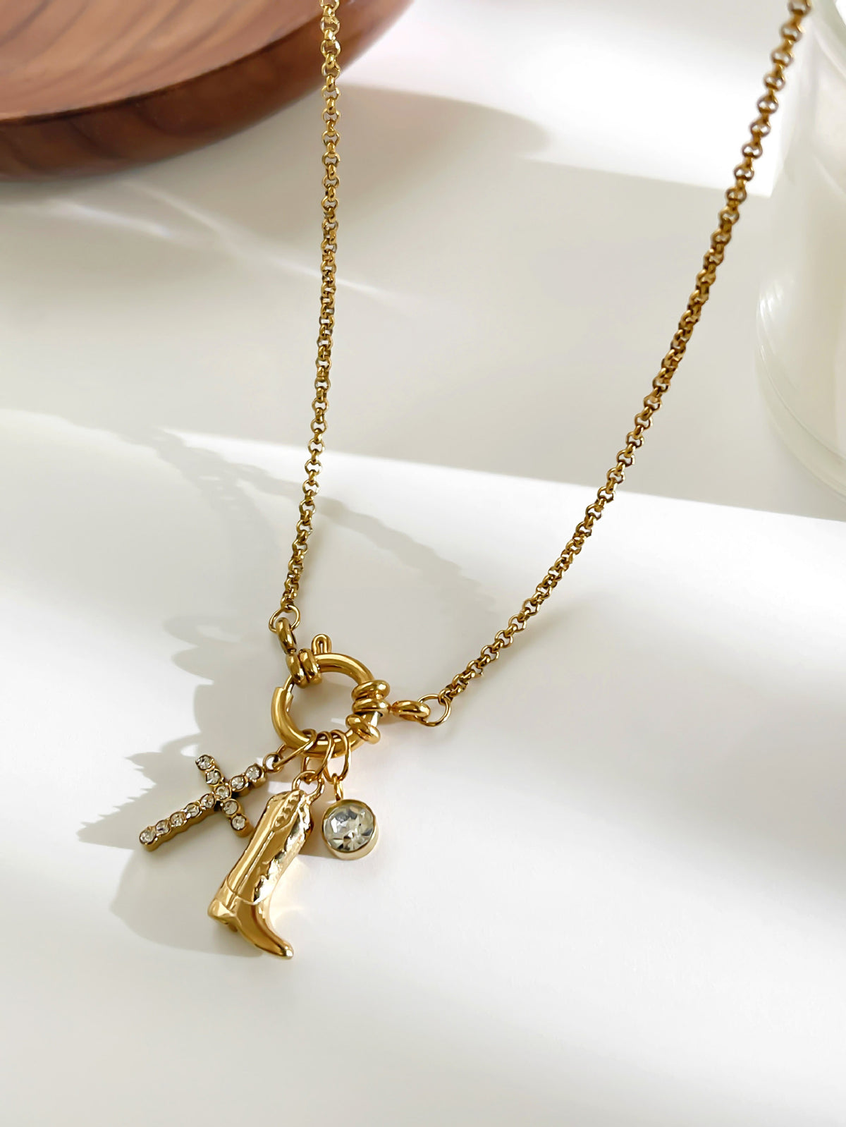 Gold Stainless Steel Diamond-encrusted Cross Boot Necklace