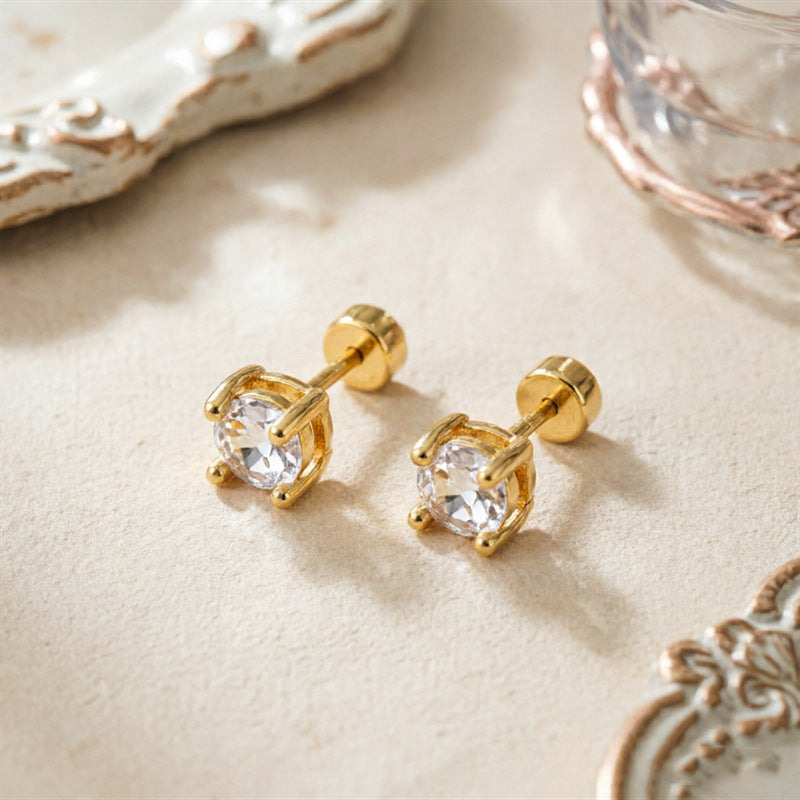 Gold Round Solitaire Zircon Screw Back Studs