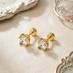 Gold Round Solitaire Zircon Screw Back Studs