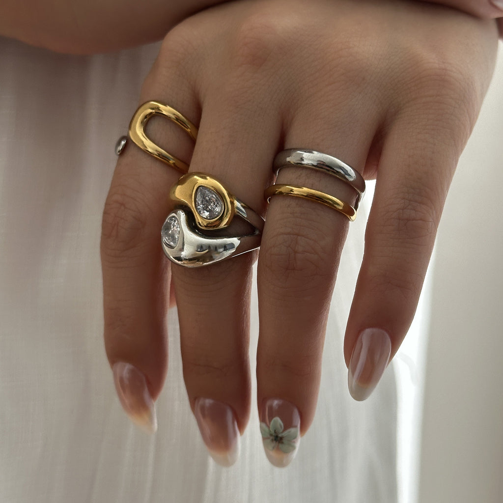 Two-tone 2 3pcs 18k Gold Stainless Steel Color Block Zircon Ring Set