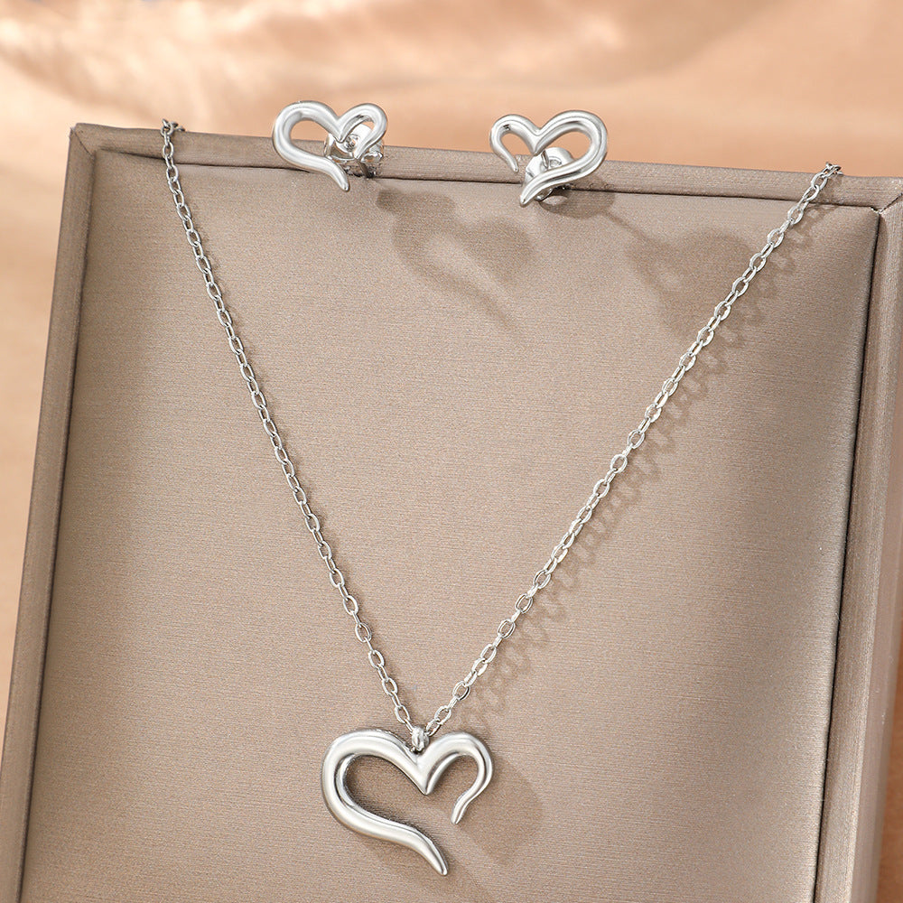 Silver Stainless Steel Heart Necklace Earring Set