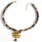 Crazy Agate Stone Stainless Steel Tiger Eye Beaded Flower Necklace