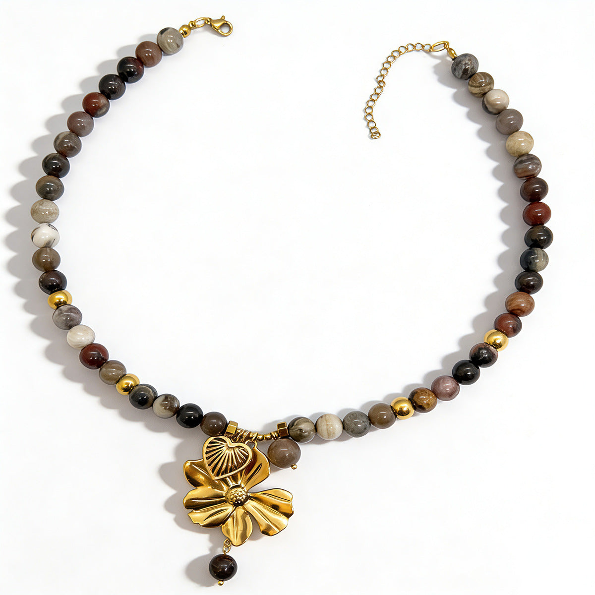 Crazy Agate Stone Stainless Steel Tiger Eye Beaded Flower Necklace