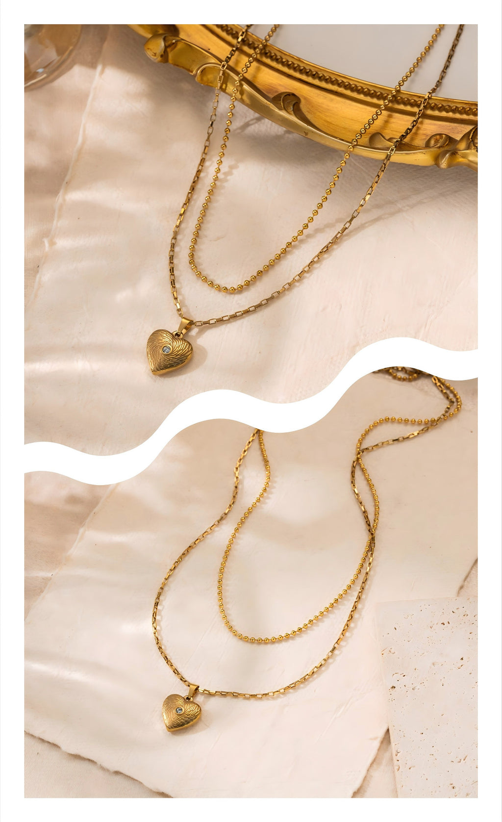 Gold French Retro Titanium Steel Double Layer Cz Heart Necklace