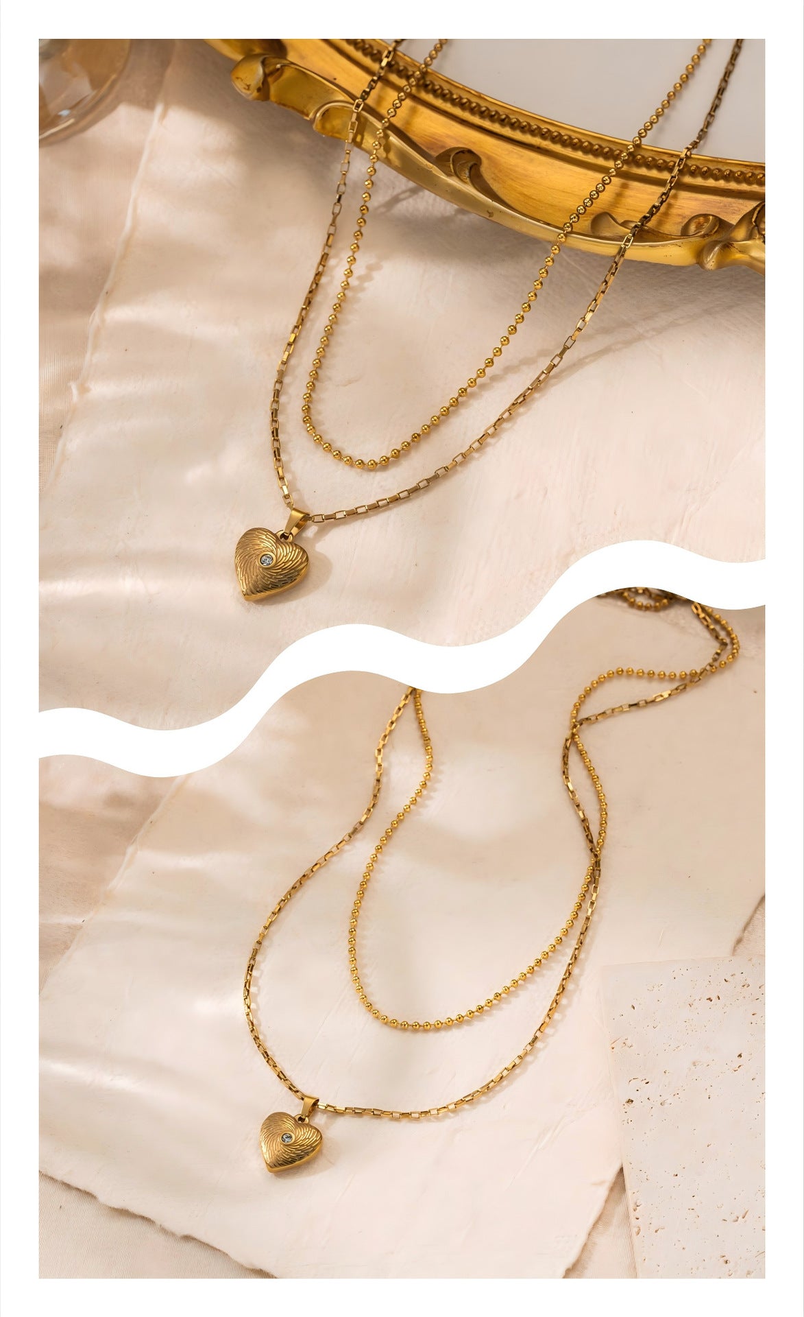Gold French Retro Titanium Steel Double Layer Cz Heart Necklace