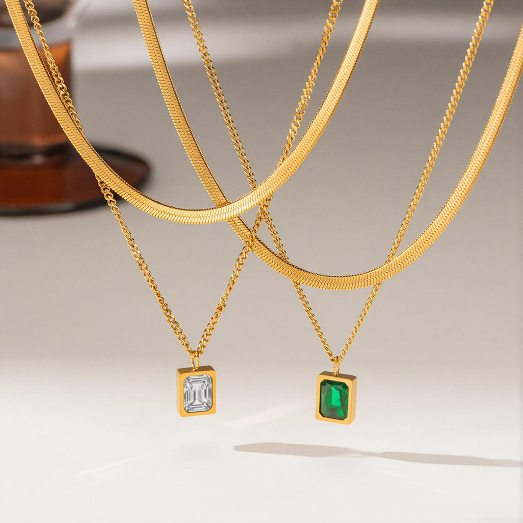 White Diamond Necklace Gold Titanium Steel Square Necklace
