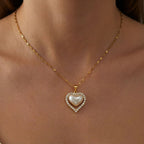 Gold Stainless Steel Diamond-encrusted Heart-shaped Pearl Necklace