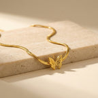 Gold Stainless Steel Butterfly Snake Bone Necklace