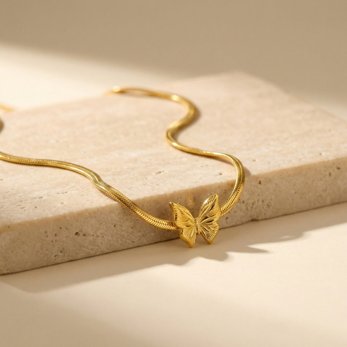 Gold Stainless Steel Butterfly Snake Bone Necklace