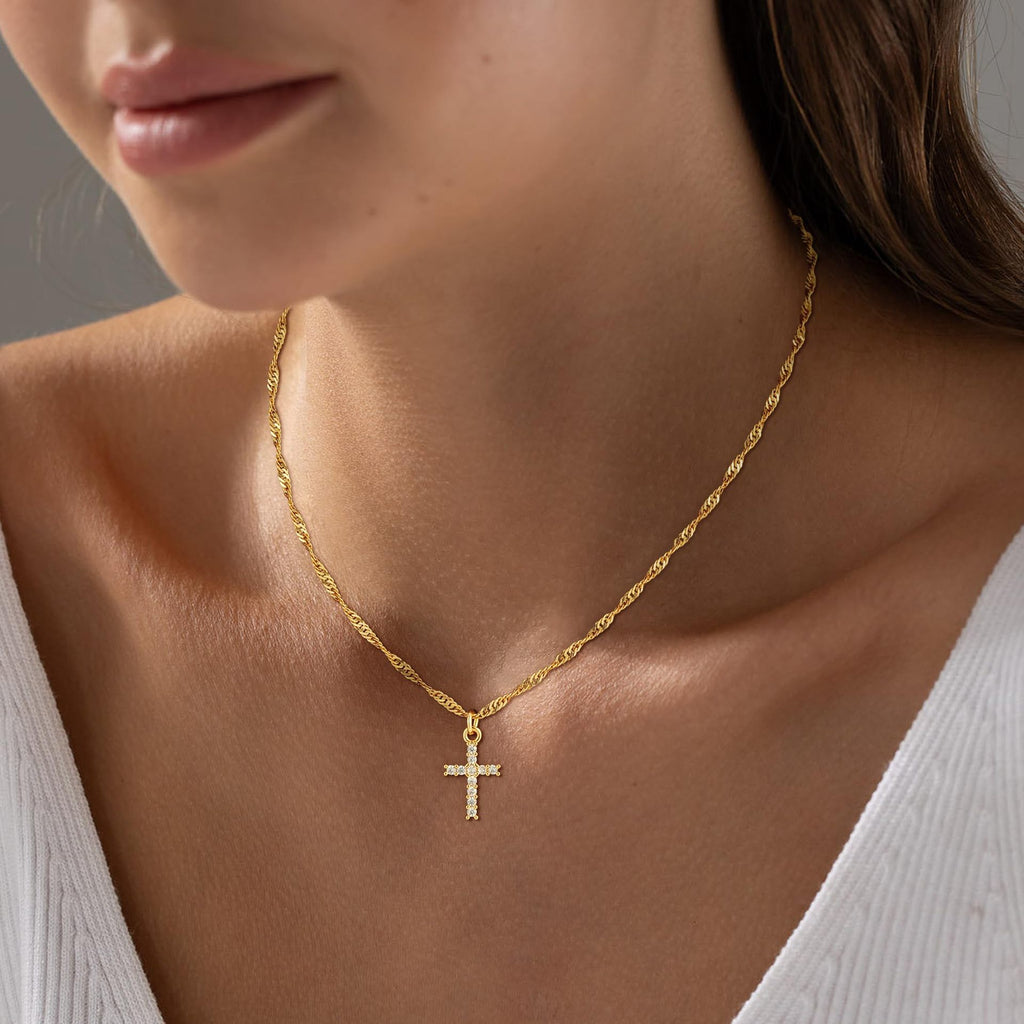 Gold Stainless Steel Diamond Cross Necklace