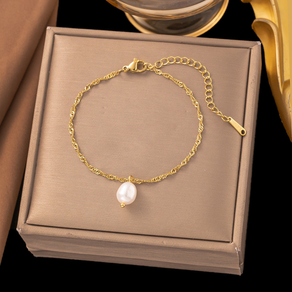 White Pearl Heart Earrings Gold Zircon Clover Steel Necklace Bracelet Set