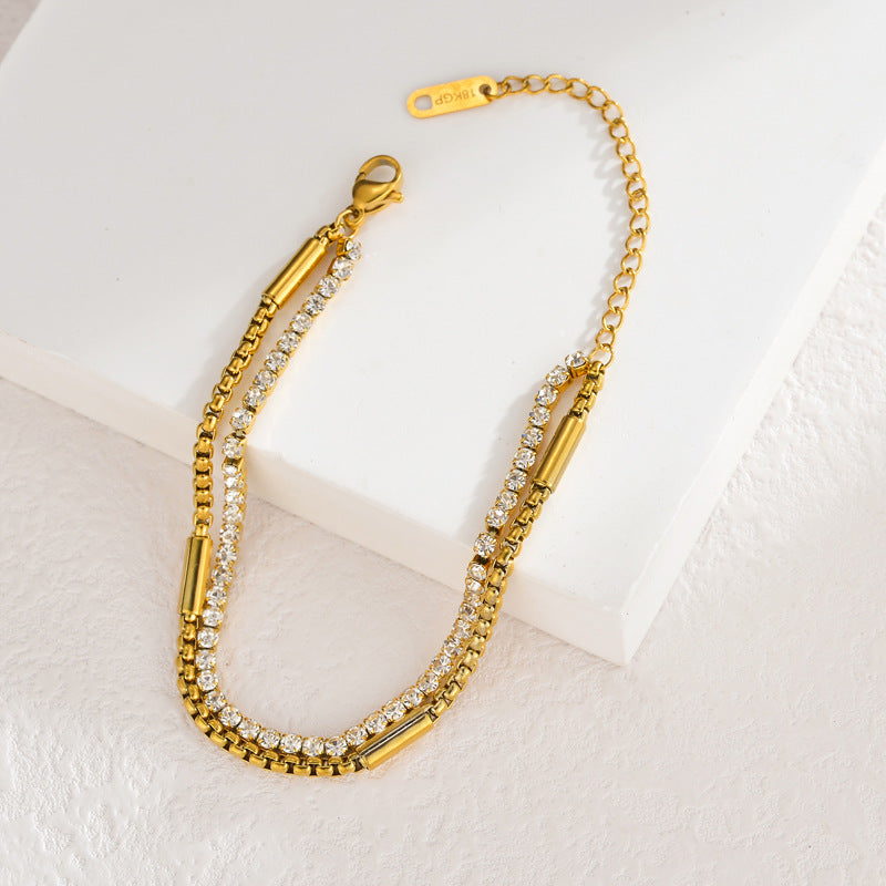 Gold Stainless Steel Diamond Claw Chain Double Necklace
