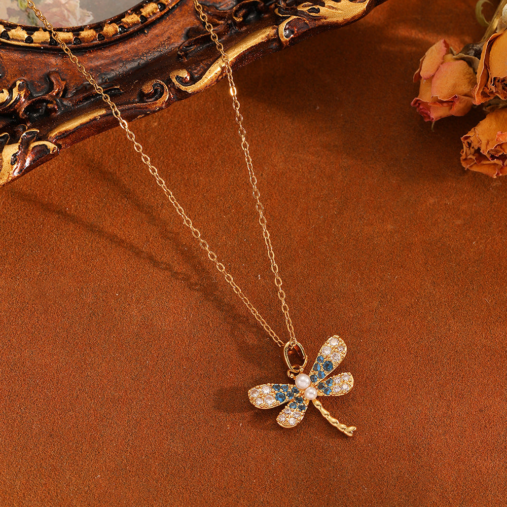 Gold And White Diamond Set Stainless Steel Diamond-encrusted Dragonfly Necklace And Earring Set
