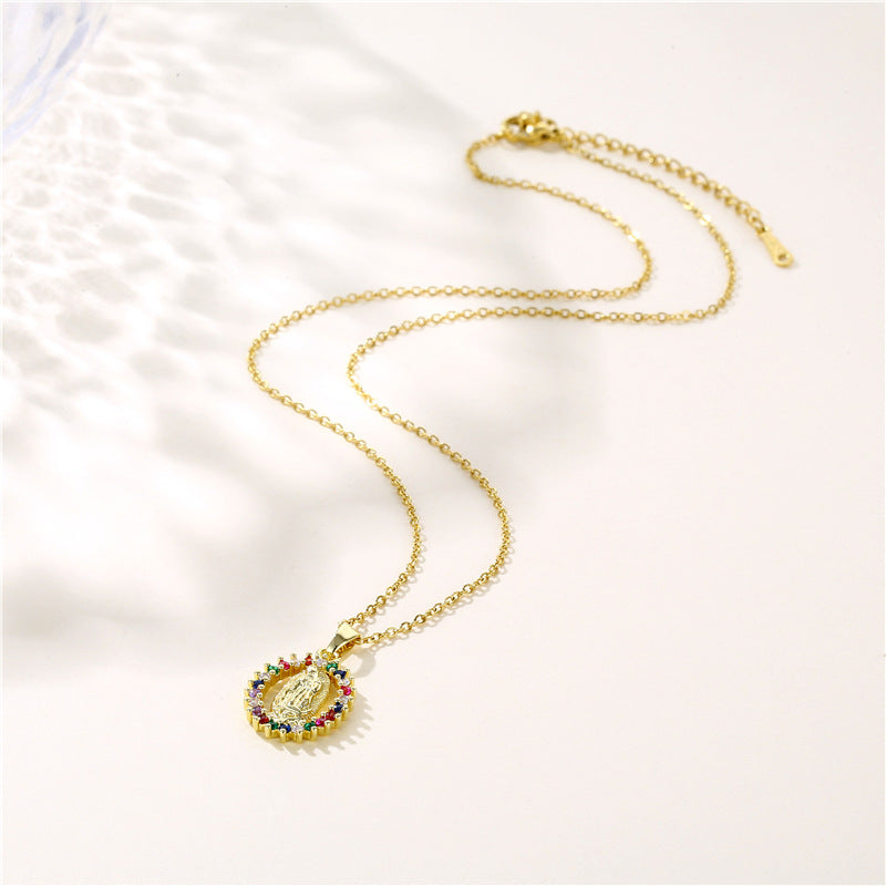 Gold Stainless Steel Diamond-encrusted Virgin Mary Necklace