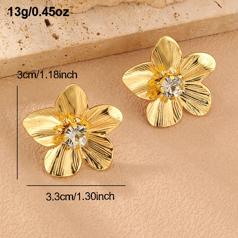 Gold Stainless Steel Zircon Flower Earrings Studs