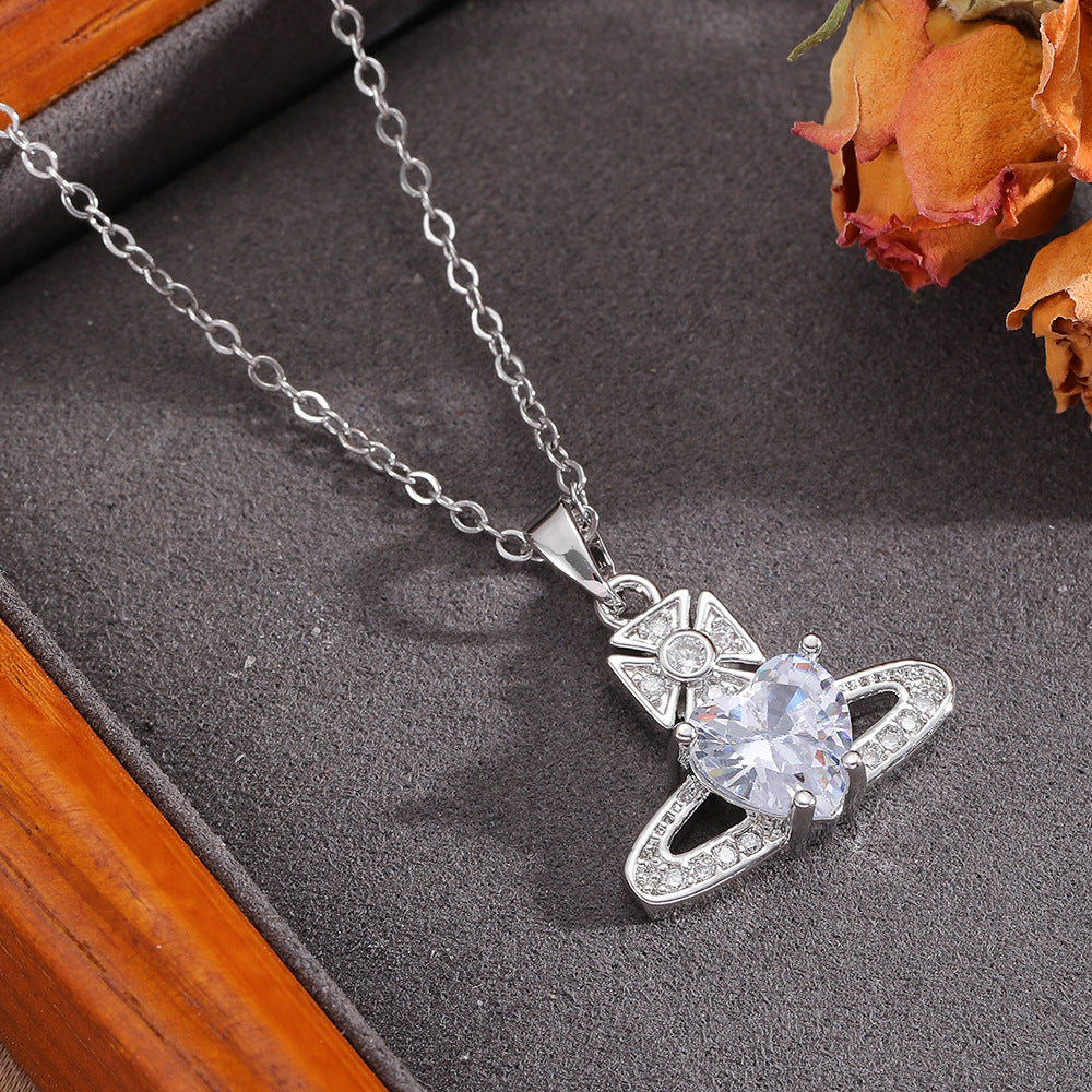 Necklace #7 304 Stainless Steel Diamond-encrusted Heart And Moon Necklace