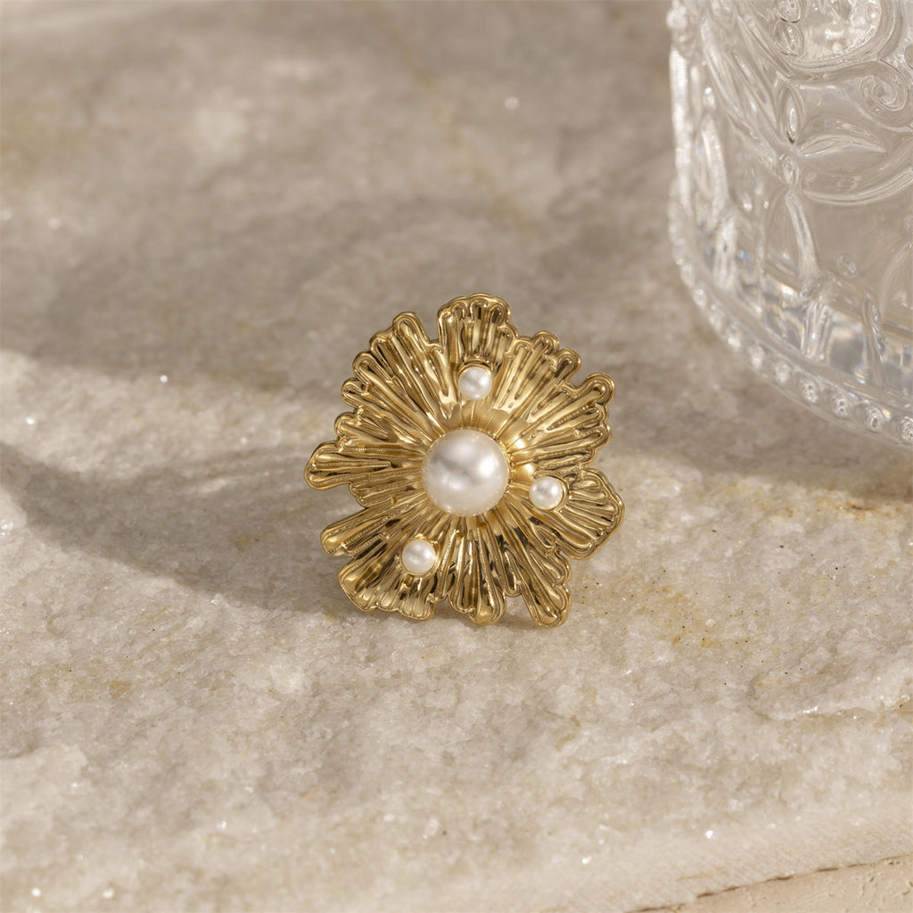 Ring 2 Stainless Steel Pearl Flower Irregular Ring