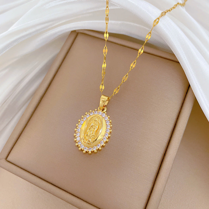 Gold Stainless Steel Diamond Portrait Necklace