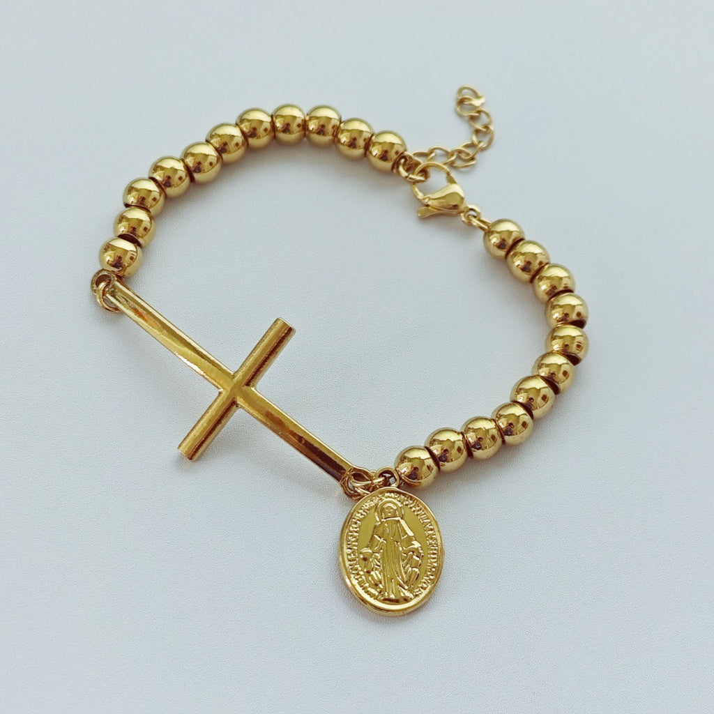 Steel Stainless Steel Beaded Cross Portrait Bracelet