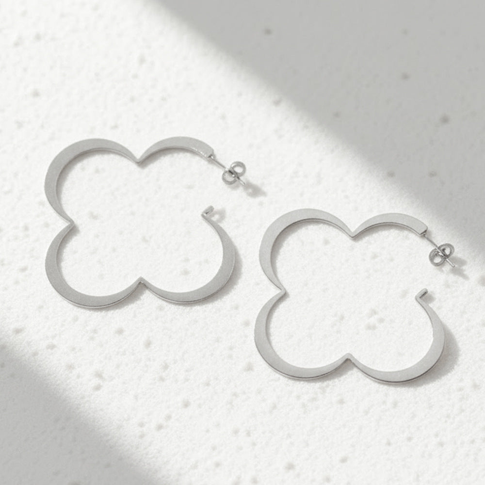 Silver Stainless Steel Four-leaf Clover Earrings