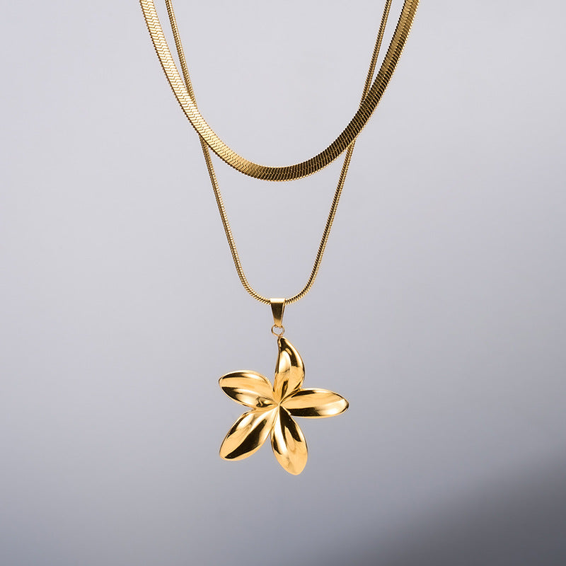 Gold Stainless Steel Flower Double Layer Necklace