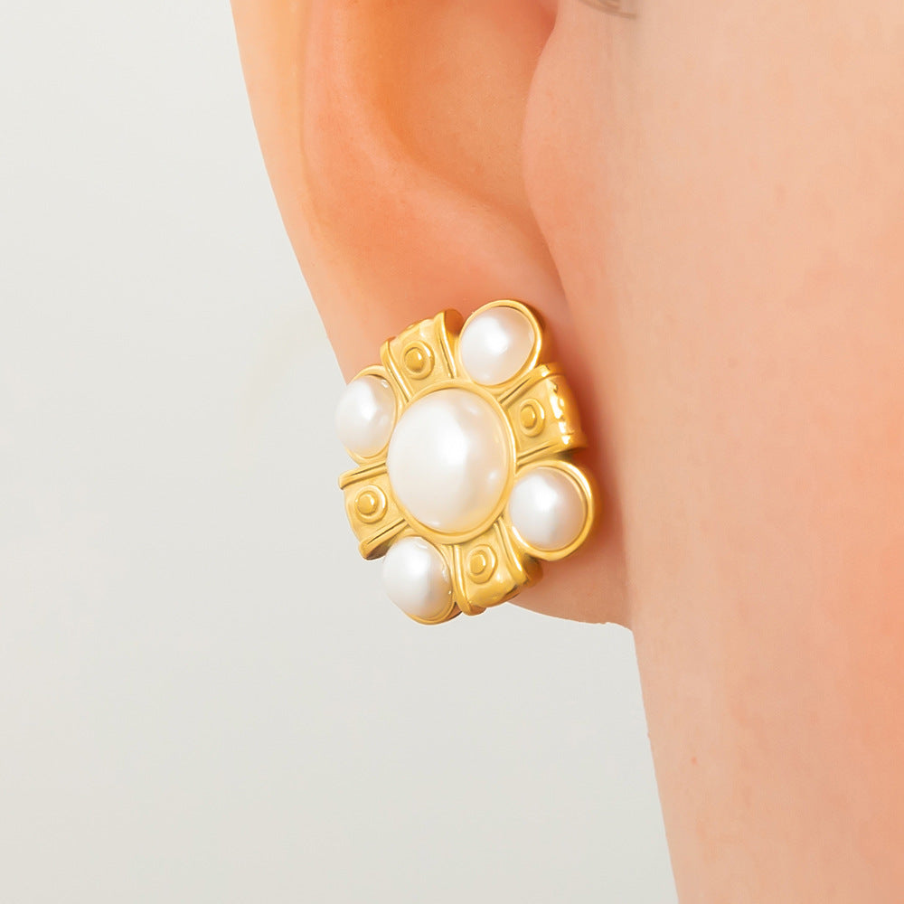 Earrings 3 Stainless Steel Pearl Geometric Earrings