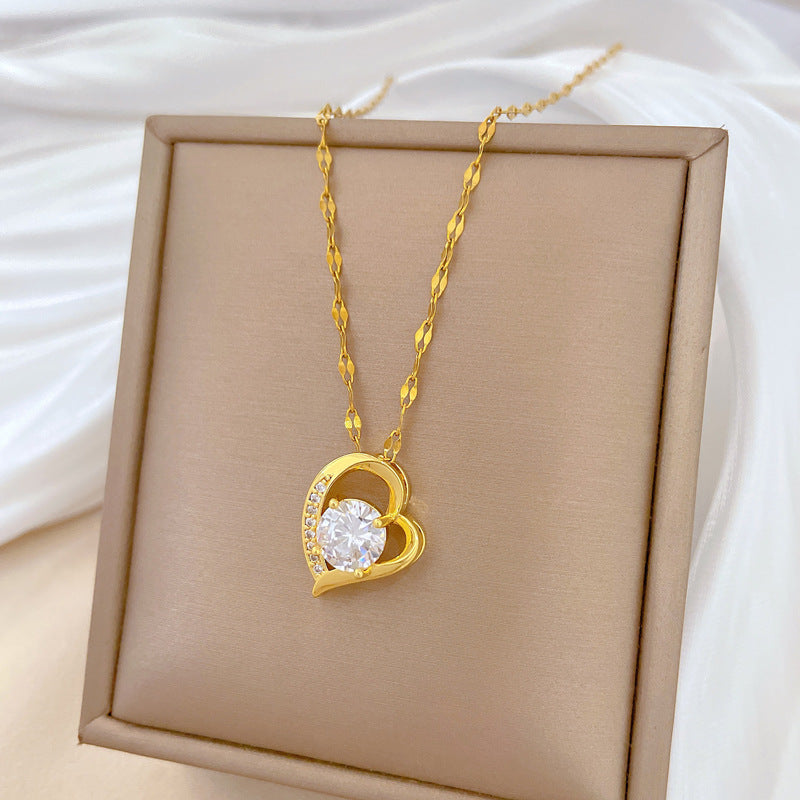 Gold Titanium Steel Diamond Heart Necklace