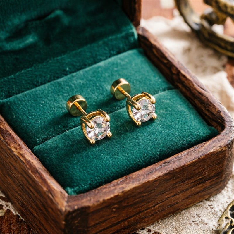 Gold Round Solitaire Zircon Screw Back Studs