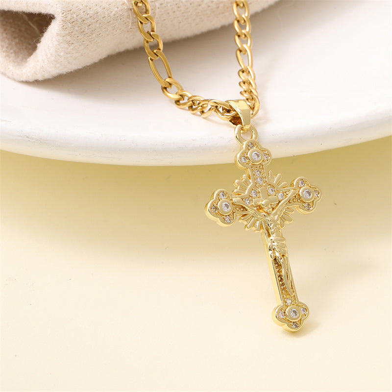 Gold Stainless Steel Diamond-encrusted Cross Necklace