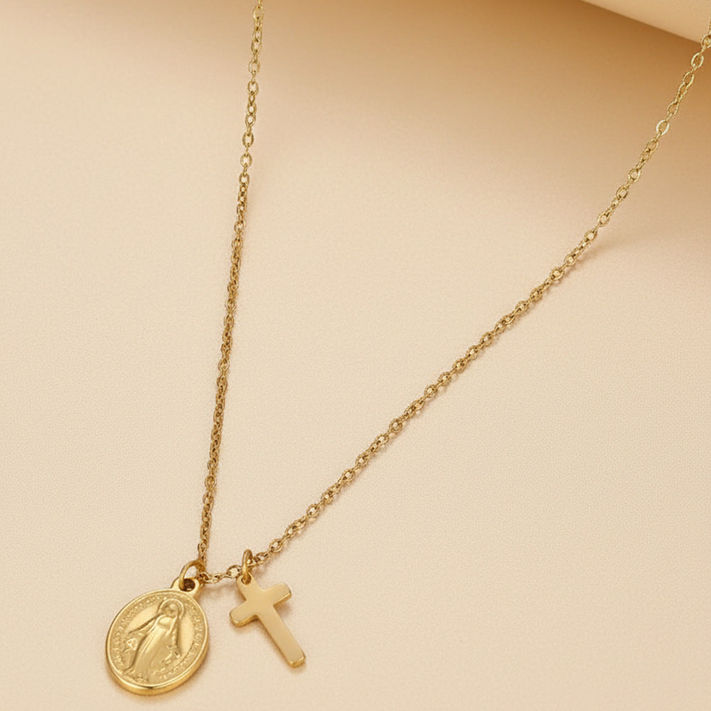 Silver Stainless Steel Cross Virgin Mary Necklace