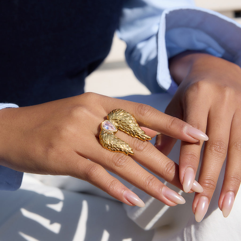 Gold Stainless Steel Diamond-encrusted Wing Ring