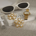 Gold Stainless Steel Pearl Flower Earrings
