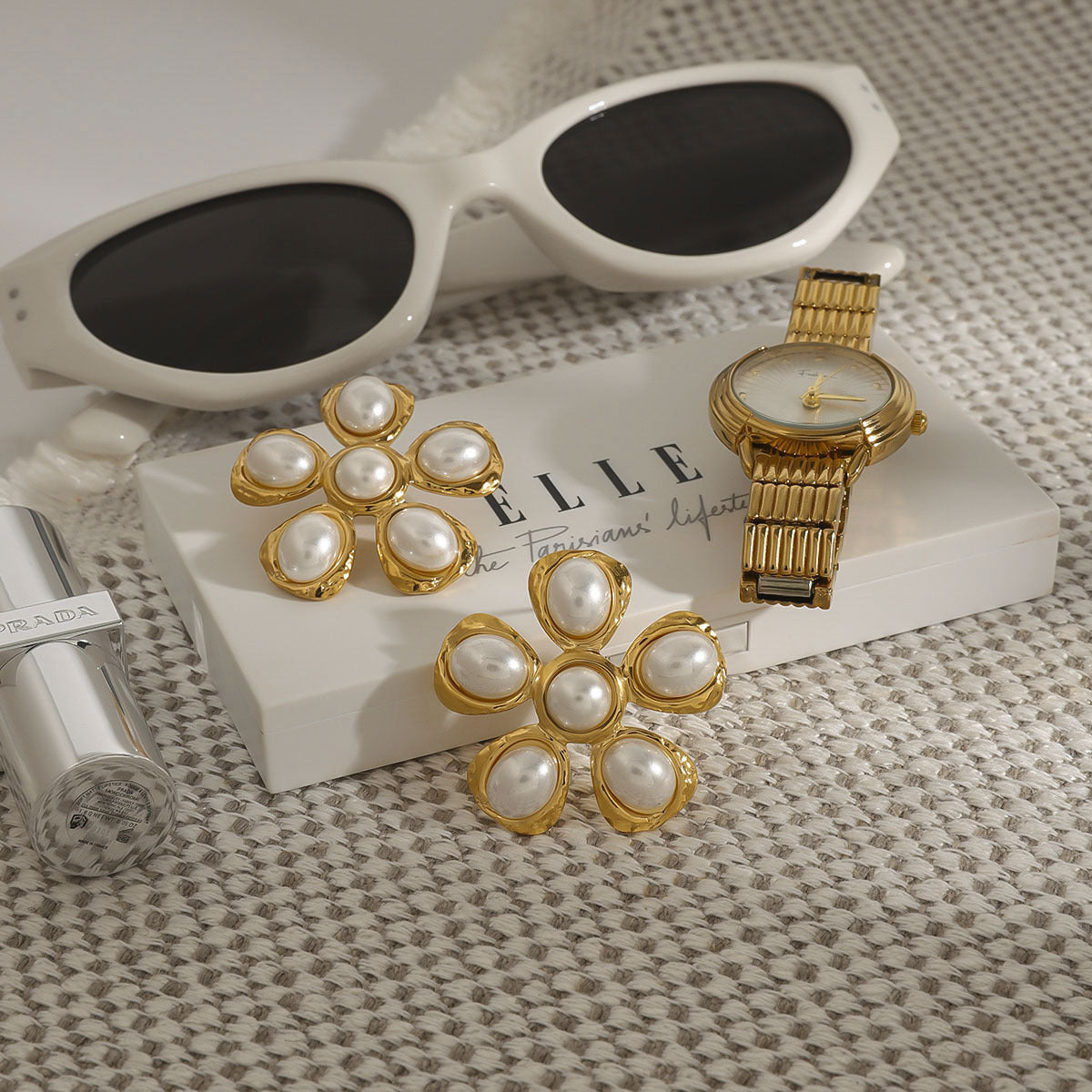 Gold Stainless Steel Pearl Flower Earrings