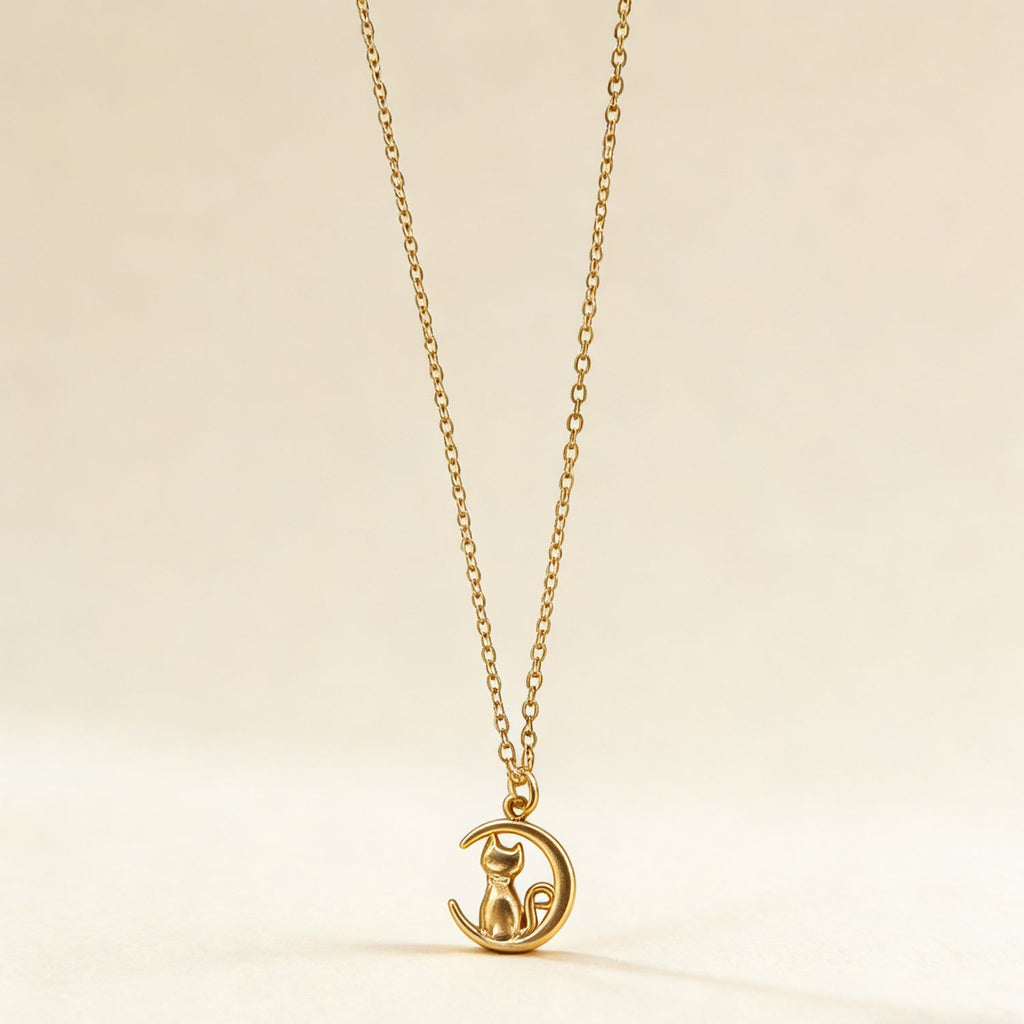 Gold Hollow Moon Cat Pendant Necklace Stainless Steel Cute Animal Jewelry