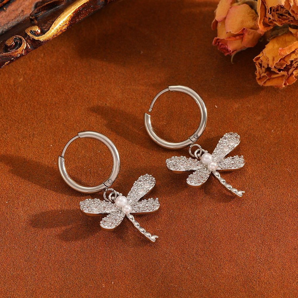Gold And White Diamond Set Stainless Steel Diamond-encrusted Dragonfly Necklace And Earring Set