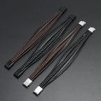 Silver Magnetic Buckle + Black Leather 23cm Multi-layer Braided Magnetic Buckle Men's Bracelet