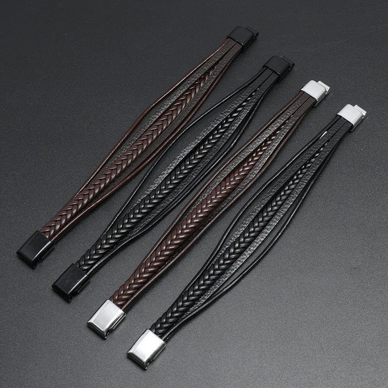 Silver Magnetic Buckle + Brown Leather 23cm Multi-layer Braided Magnetic Buckle Men's Bracelet