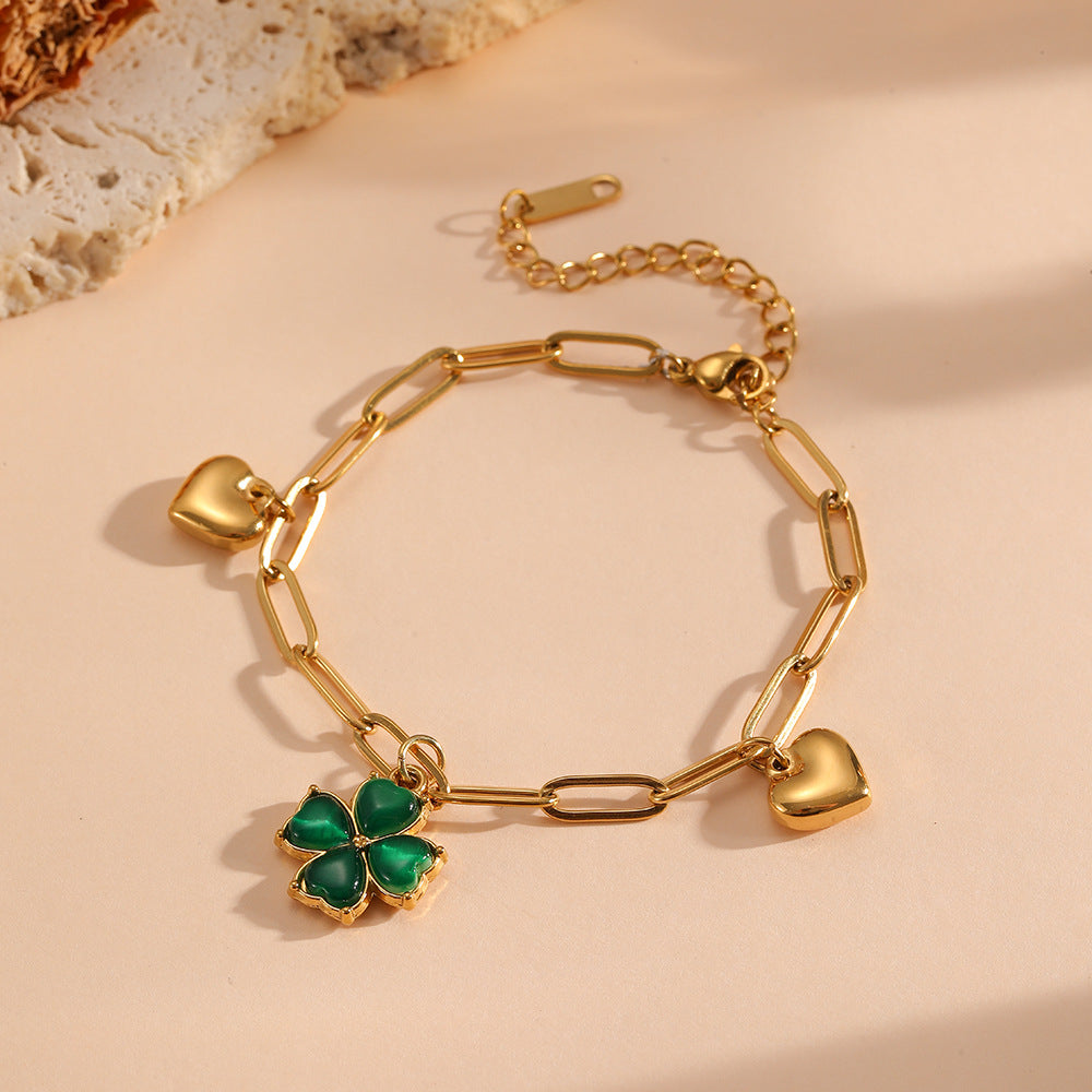 Green Four-leaf Clover Heart Bracelet Stainless Steel Exquisite Clover Heart Link Bracelet