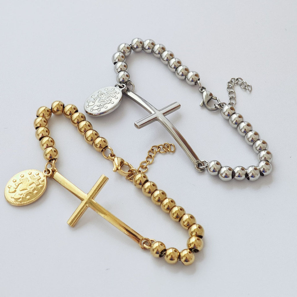 Steel Stainless Steel Beaded Cross Portrait Bracelet