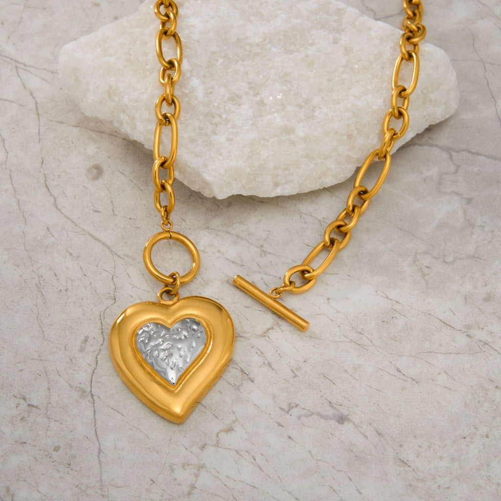 Gold Titanium Steel Ot Buckle Heart Necklace Inlaid With Zirconium