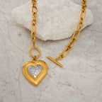 Gold Titanium Steel Ot Buckle Heart Necklace Inlaid With Zirconium