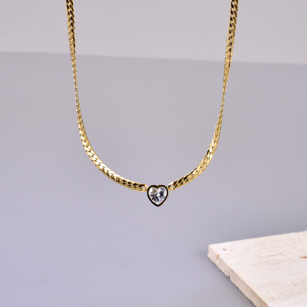 Combination Stainless Steel Diamond-encrusted Heart Necklace And Bracelet Set