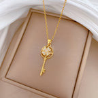Gold Titanium Steel Diamond-encrusted Key Necklace