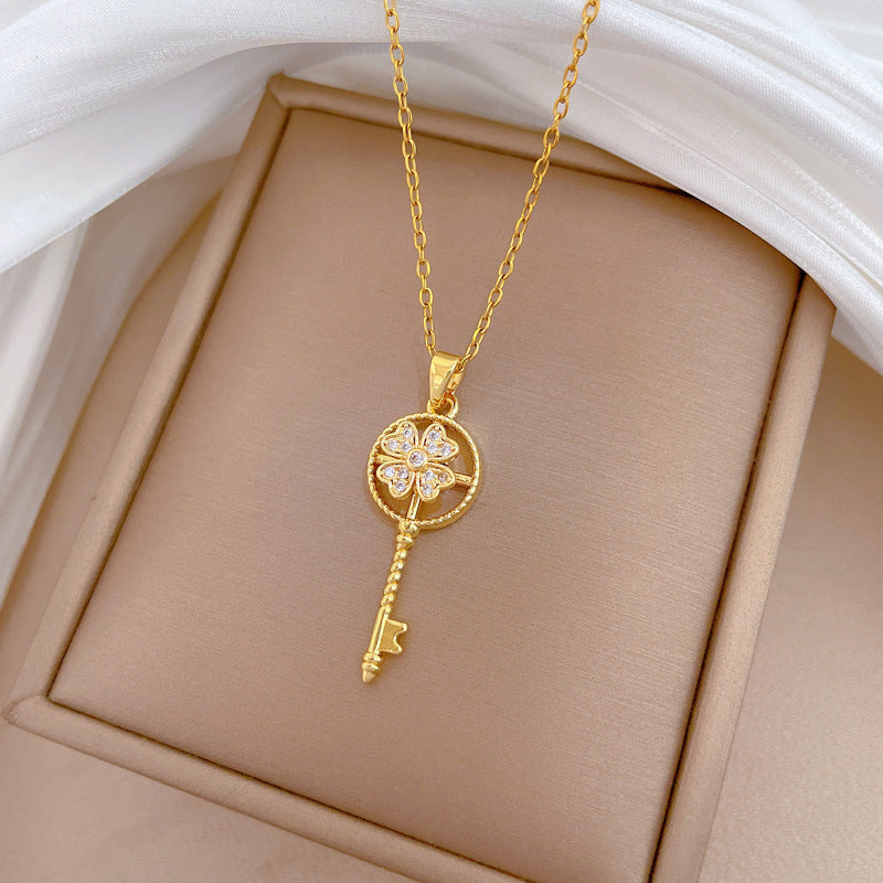 Gold Titanium Steel Diamond-encrusted Key Necklace