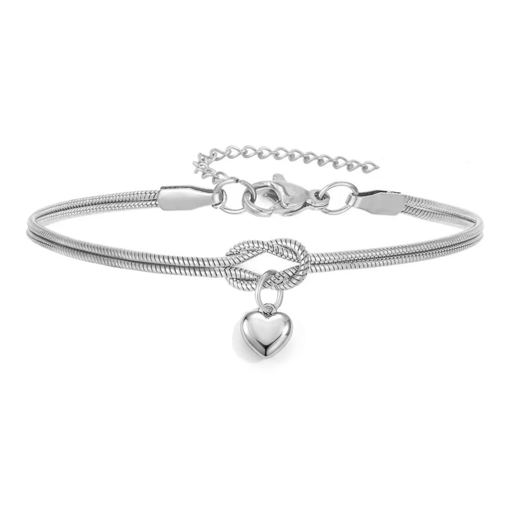 Steel Color European Stainless Steel Heart Pendant Love Knot Round Snake Chain Bracelet For Men Women