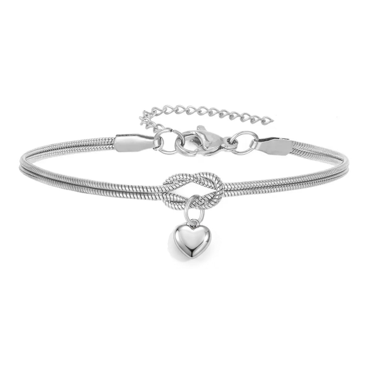 Steel Color European Stainless Steel Heart Pendant Love Knot Round Snake Chain Bracelet For Men Women