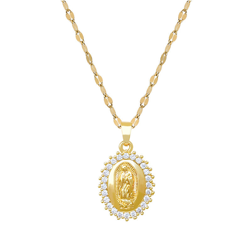 Gold Stainless Steel Diamond Portrait Necklace