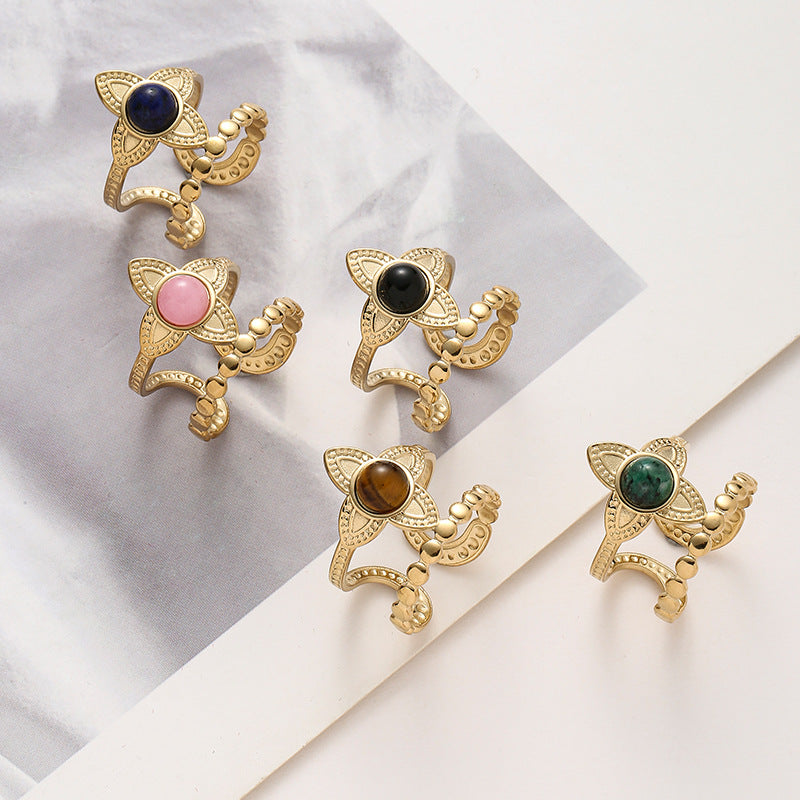 European And American Stainless Steel Flower Inlaid Stone Ring Black One By One Stainless Steel Petal Double Ring