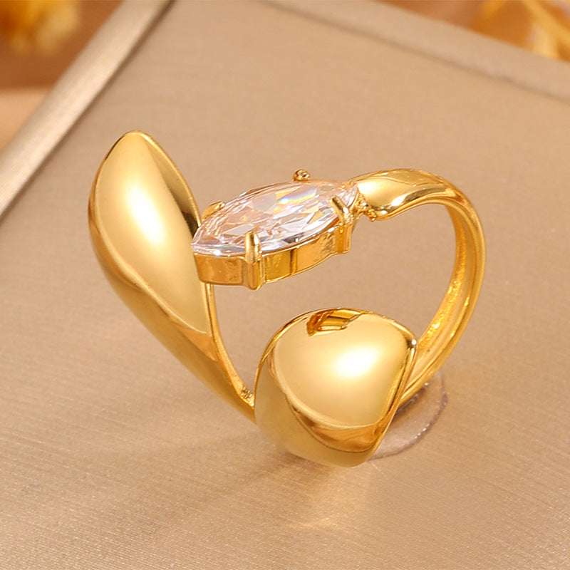 Gold 18k Gold Plated Leaf Zircon Vintage Stainless Steel Ring